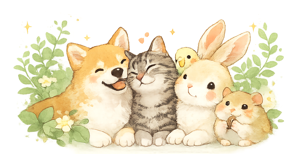 Watercolor-style dogs, cats, and rabbits